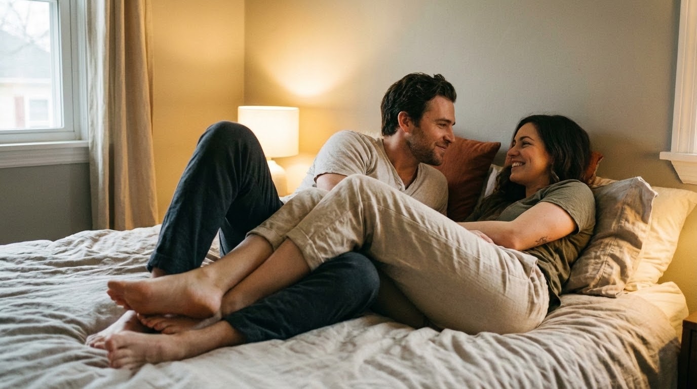 Un couple s'échanger un moment intime au lit