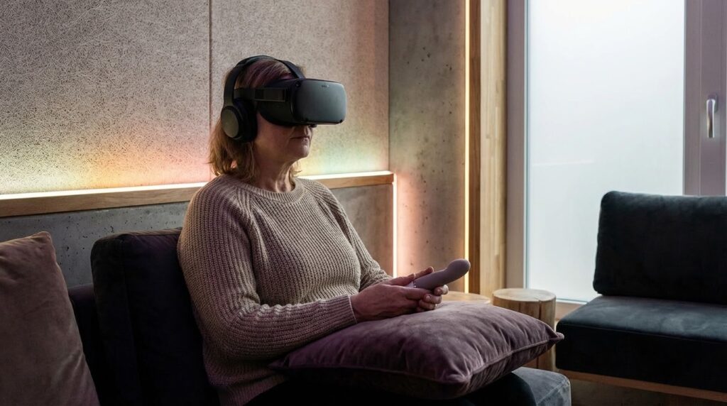 Une femme en train de manipuler un sextoy et portant un casque VR