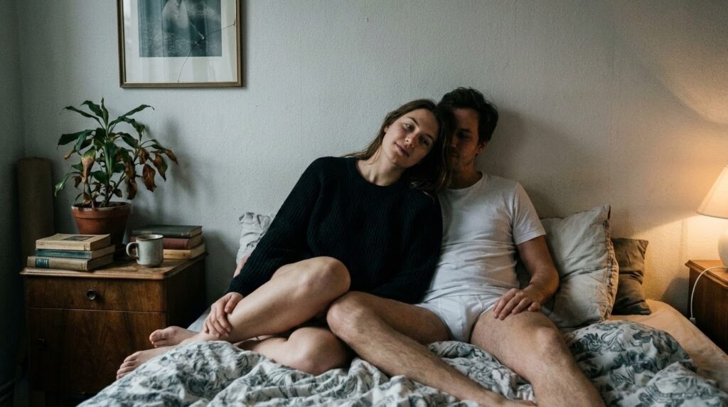 Un couple sur un lit en train d'essayer une position sexuelle nouvelle