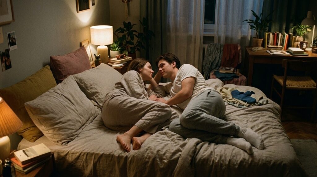 Un jeune homme et une jeune femme allongés sur un lit en train de tester la position du papillon